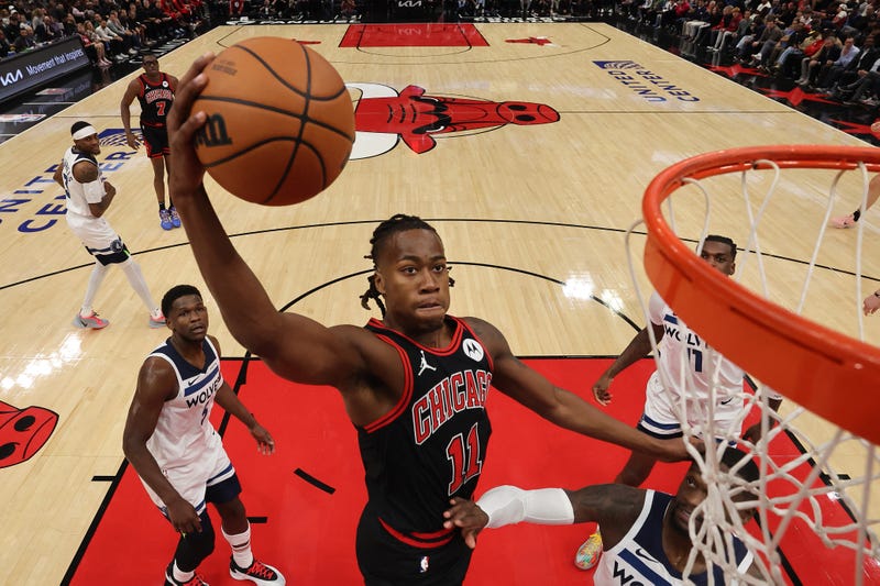 Ayo Dosunmu #11 of the Chicago Bulls dunks against the Minnesota Timberwolves during the first half at the United Center on November 07, 2024 in Chicago, Illinois. 