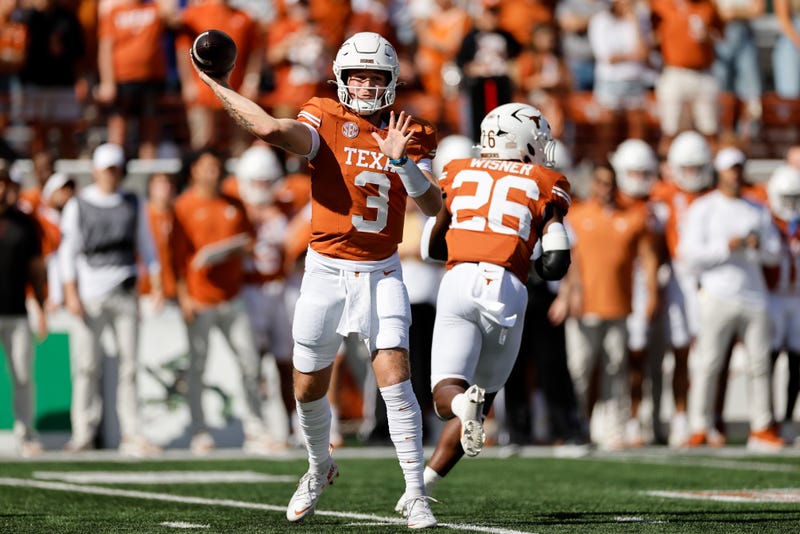 Quinn Ewers #3 of the Texas Longhorns throws a pass in the first half against the Florida Gators at Darrell K Royal-Texas Memorial Stadium on Nov. 9, 2024 in Austin, Texas.