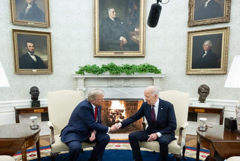 President Joe Biden shakes hands with President-elect Donald Trump during a meeting in the Oval Office of the White House on Nov. 13, 2024.
