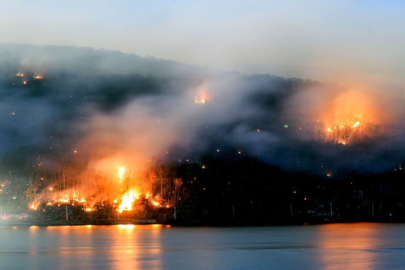 An area burns from the Jennings Creek Wildfire on Nov. 13, 2024 in Greenwood Lake, New York. An extended drought has helped fuel the Jennings Creek Wildfire on the New York/New Jersey border.