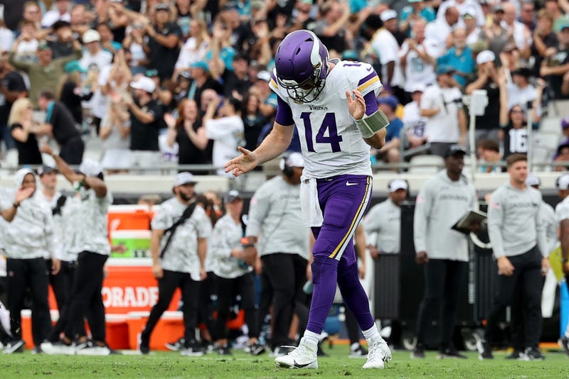 Sam Darnold #14 of the Minnesota Vikings reacts after throwing an interception against the Jacksonville Jaguars during the second quarter at EverBank Stadium on November 10, 2024 in Jacksonville, Florida.