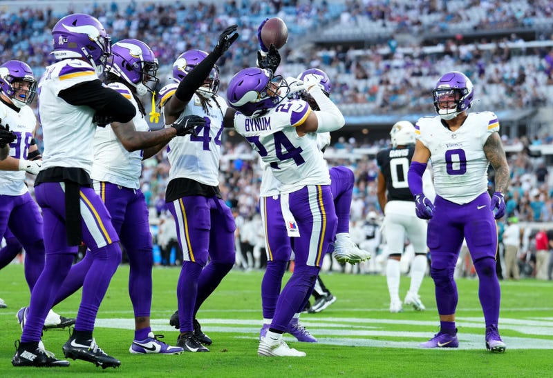 Camryn Bynum #24 of the Minnesota Vikings celebrates with teammates after his interception against the Jacksonville Jaguars during the fourth quarter at EverBank Stadium on November 10, 2024 in Jacksonville, Florida.