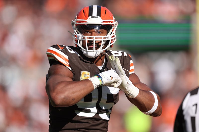 Myles Garrett #95 of the Cleveland Browns plays against the Los Angeles Chargers at Cleveland Browns Stadium on November 03, 2024 in Cleveland, Ohio.
