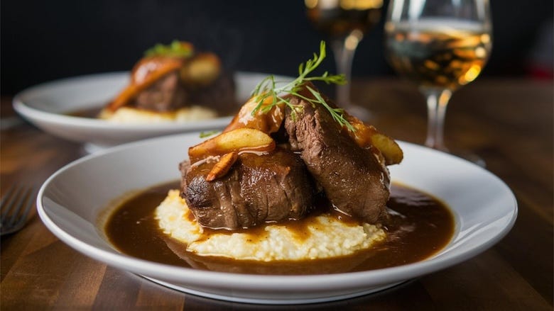 Gourmet beef dish with mashed potatoes and sauce, elegantly plated with wine glasses on a wooden table