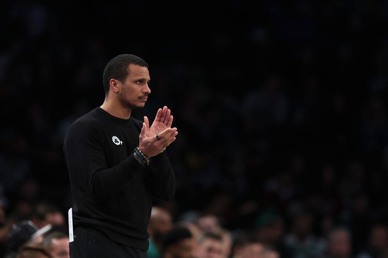 Head coach Joe Mazzulla of the Boston Celtics claps as they play the Brooklyn Nets during the first half at Barclays Center on November 13, 2024 in New York City.