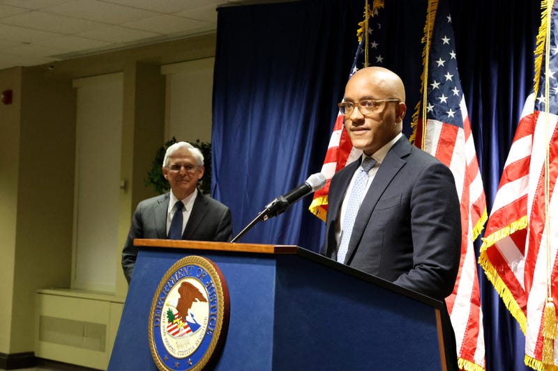 Damian Williams, the U.S. Attorney for the Southern District of New York, speaks as U.S. Attorney General Merrick Garland waits to address members of the Southern District on Nov. 18, 2024 in New York City.