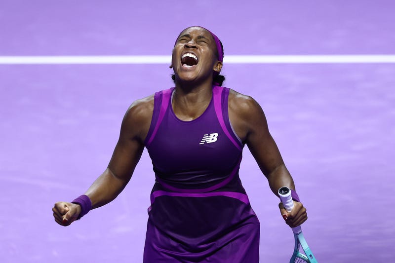Coco Gauff of the United States celebrates her win against Qinwen Zheng of China in their Women's Singles Final match during the 2024 WTA Finals Riyadh as part of the Hologic WTA Tour at King Saud University Indoor Arena on November 09, 2024 in Riyadh, Saudi Arabia.