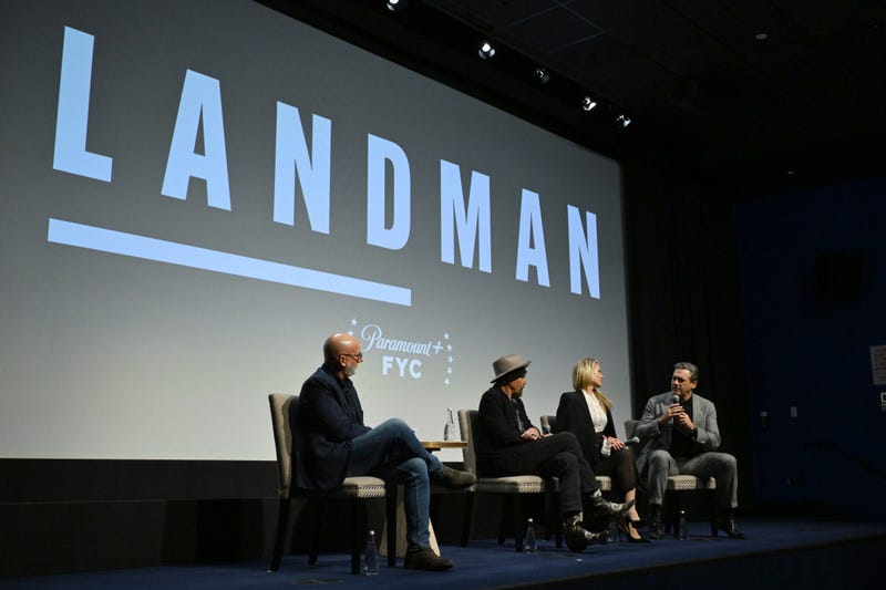 Joe Neumaier, Billy Bob Thornton, Ali Larter and Jon Hamm speak on stage during Landman | Nom Comm Screening at The Whitby on November 15, 2024, in New York City.
