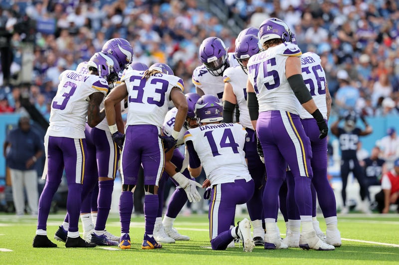 The Minnesota Vikings offense huddles before a play during the second half of a game against the Tennessee Titans at Nissan Stadium on November 17, 2024 in Nashville, Tennessee.
