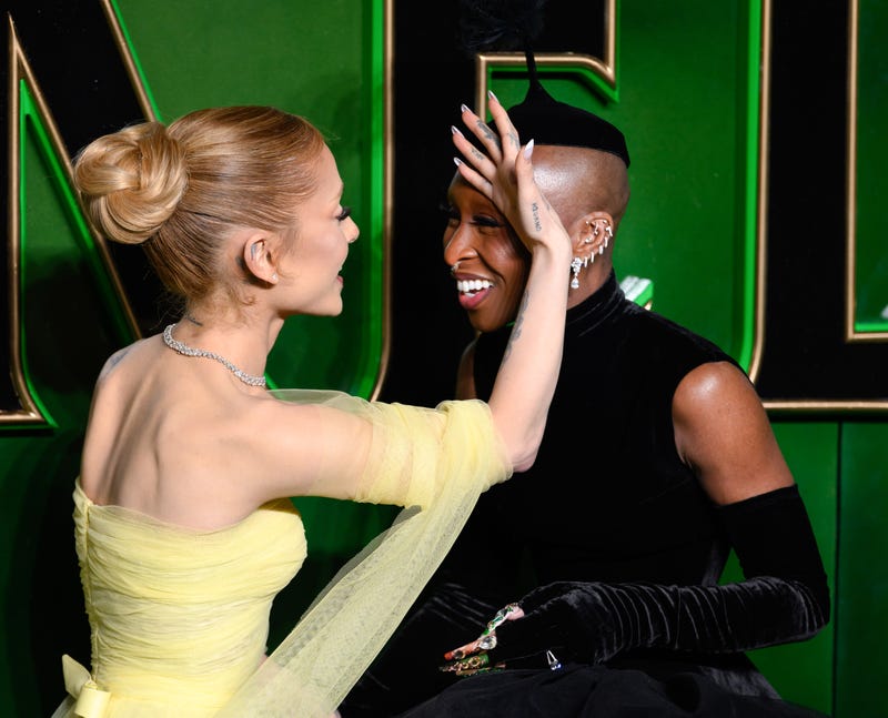Ariana Grande and Cynthia Erivo attend the "Wicked: Part One" European premiere at The Royal Festival Hall on Nov. 18, 2024, in London, England.