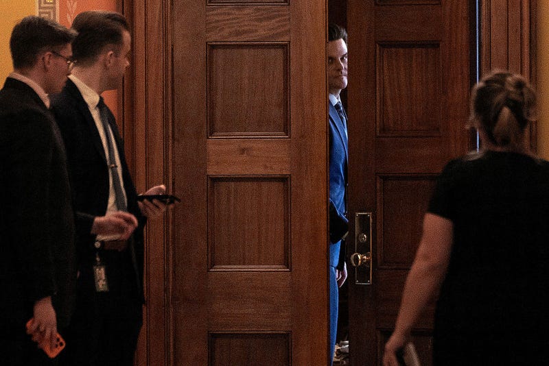 Former Congressman Matt Gaetz (R-FL) looks out of The Strom Thurmond Room where he is meeting with Republican members of the Senate Judiciary Committee at the U.S. Capitol on November 20, 2024 in Washington, DC. Gaetz has been nominated by President-elect Donald Trump to server as U.S. attorney general. 