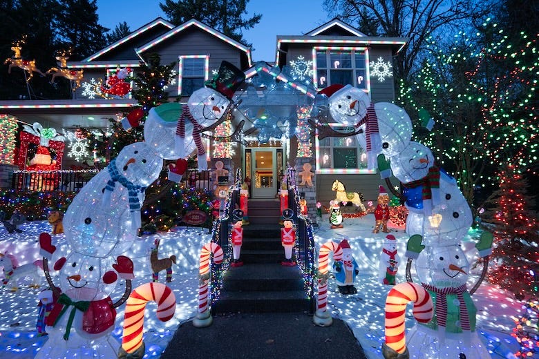 Elaborate Christmas decorations on a home