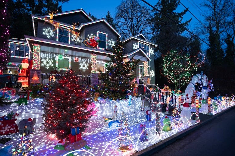 Outside of a house decorated for Christmas