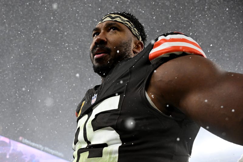 Myles Garrett #95 of the Cleveland Browns looks on after defeating the Pittsburgh Steelers in the game at Huntington Bank Field on November 21, 2024 in Cleveland, Ohio.