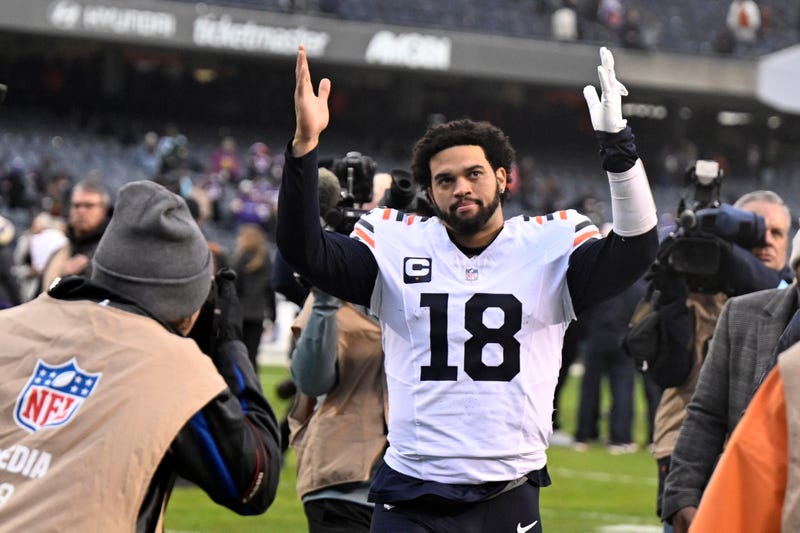 Caleb Williams, of the Chicago Bears, reacts after a 30-27 overtime loss against the Minnesota Vikings at Soldier Field on Nov. 24, 2024, in Chicago.