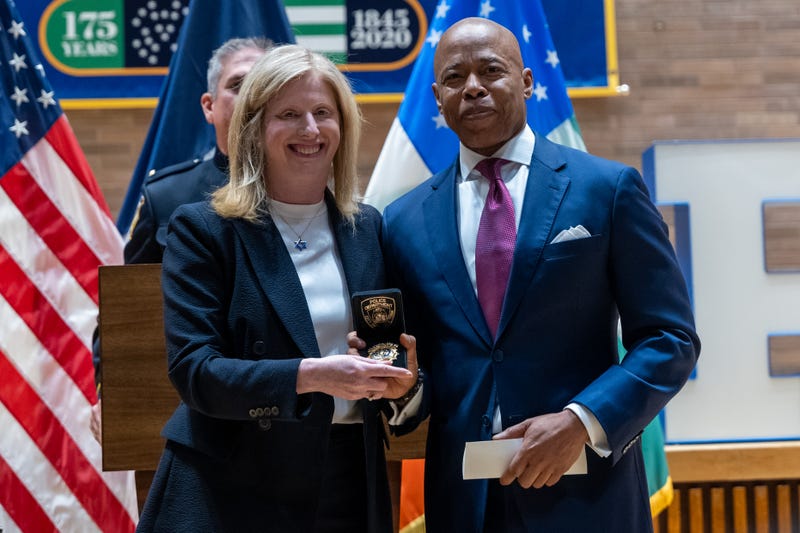 Jessica Tisch poses with Mayor Eric Adams as she is sworn in as Commissioner of the New York Police Department One Police Plaza on November 25, 2024 in New York City.