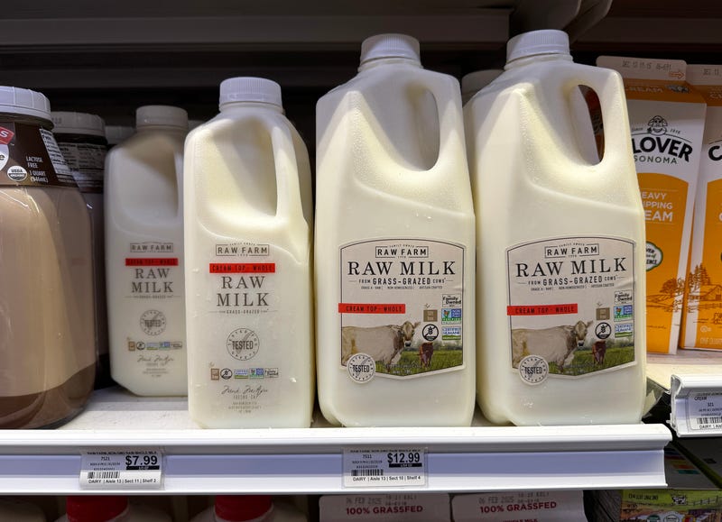 BERKELEY, CALIFORNIA - NOVEMBER 25: Containers of Raw Farm raw milk are displayed on a shelf at Berkeley Bowl on November 25, 2024 in Berkeley, California. Fresno County dairy Raw Farm has recalled its cream top raw milk after bird flu virus was found in a retail sample of the raw milk product over the weekend. Consumers should avoid consumption of the milk and are encouraged to return the product to the store where it was purchased.