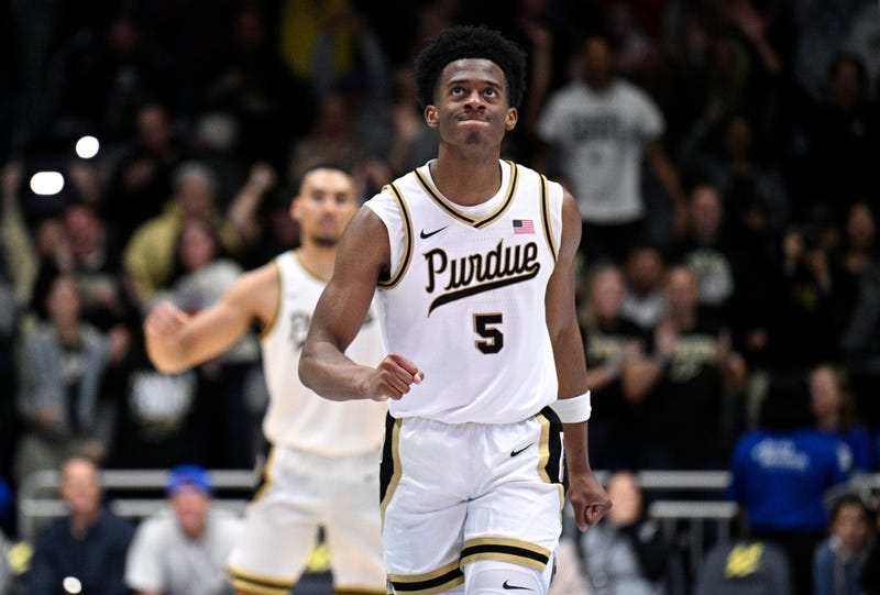 Myles Colvin #5 of the Purdue Boilermakers celebrates after a basket /aol during the second half in the Rady Children's Invitational Championship game at LionTree Arena on November 29, 2024 in La Jolla, California.
