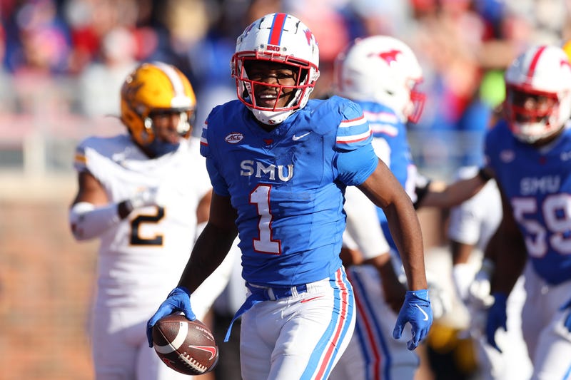 Brashard Smith #1 of the Southern Methodist Mustangs reacts after scoring a touchdown during the first half against the California Golden Bears at Gerald J. Ford Stadium on Nov. 30, 2024, in Dallas, Texas.