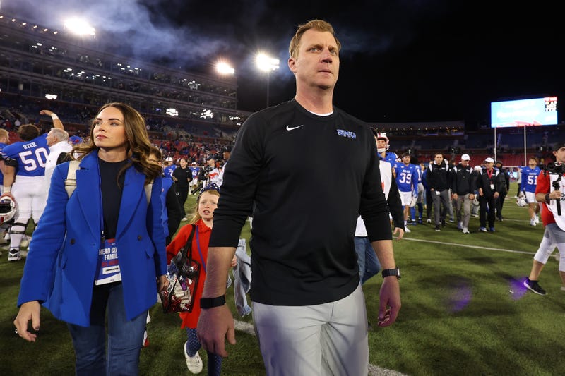 Head coach Rhett Lashlee of the Southern Methodist Mustangs walks off the field after defeating the California Golden Bears at Gerald J. Ford Stadium on Nov. 30, 2024, in Dallas, Texas.