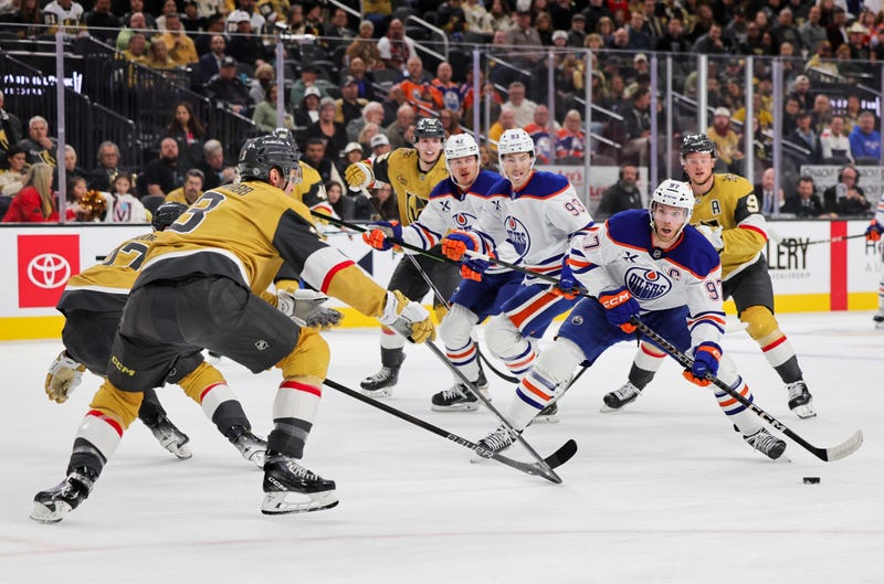 Connor McDavid #97 of the Edmonton Oilers skates with the puck against the Vegas Golden Knights in the first period of their game at T-Mobile Arena on December 03, 2024 in Las Vegas, Nevada.