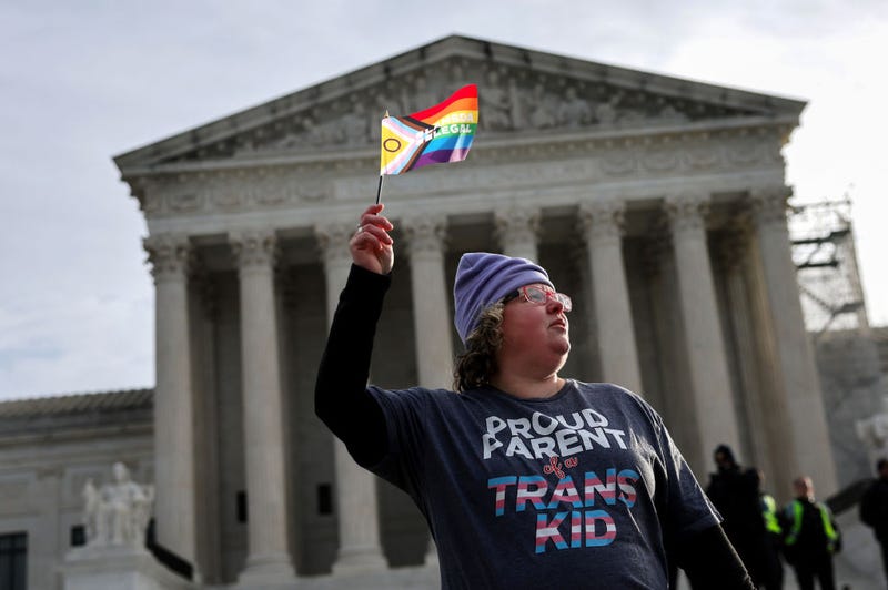 A transgender rights supporter takes part in a rally outside of the U.S. Supreme Court as the justices hear arguments in a case on transgender health rights on December 04, 2024 in Washington, DC. Wednesday, the court upheld Tennessee’s ban on gender-affirming care for transgender minors, a stunning setback to transgender rights.