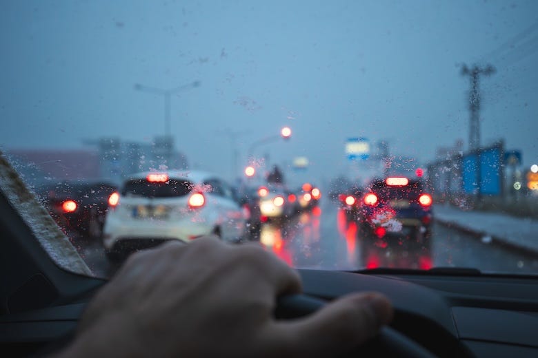 Stuck in traffic on a snowy highway