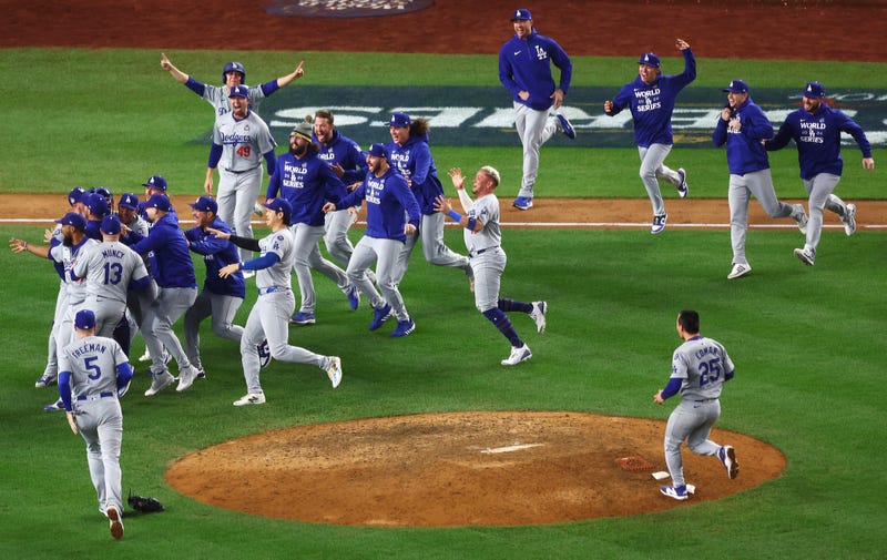 The Los Angeles Dodgers celebrate as the they defeat the New York Yankees 7-6 in game 5 to win the 2024 World Series at Yankee Stadium on October 30, 2024 in the Bronx borough of New York City. 