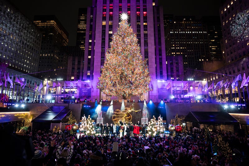 The Rockefeller Center tree is illuminated during the tree lighting ceremony in New York on December 04, 2024 in New York City.