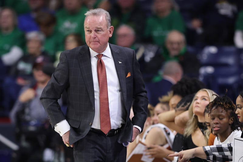 Head coach Vic Schaefer of the Texas Longhorns reacts against the Notre Dame Fighting Irish during the first half at Purcell Pavilion at the Joyce Center on Dec. 5, 2024, in South Bend, Indiana.