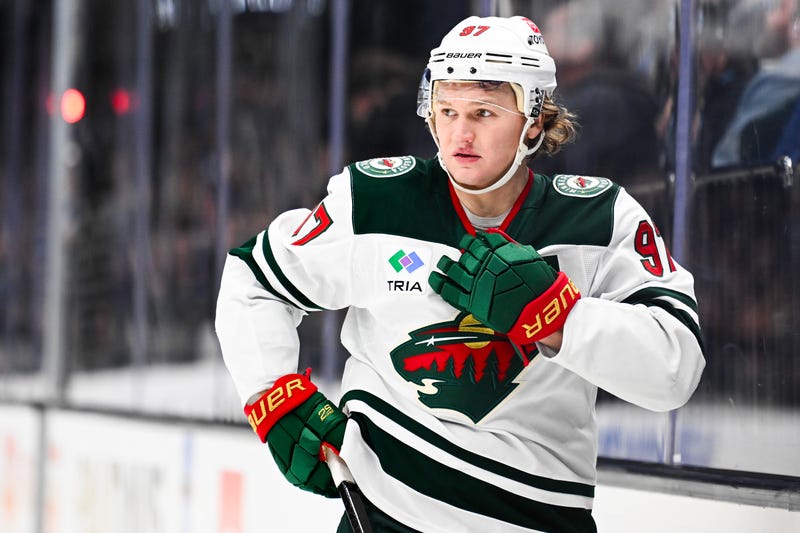 Kirill Kaprizov #97 of the Minnesota Wild looks on during the first period of a game against the Utah Hockey Club at Delta Center on December 10, 2024 in Salt Lake City, Utah.