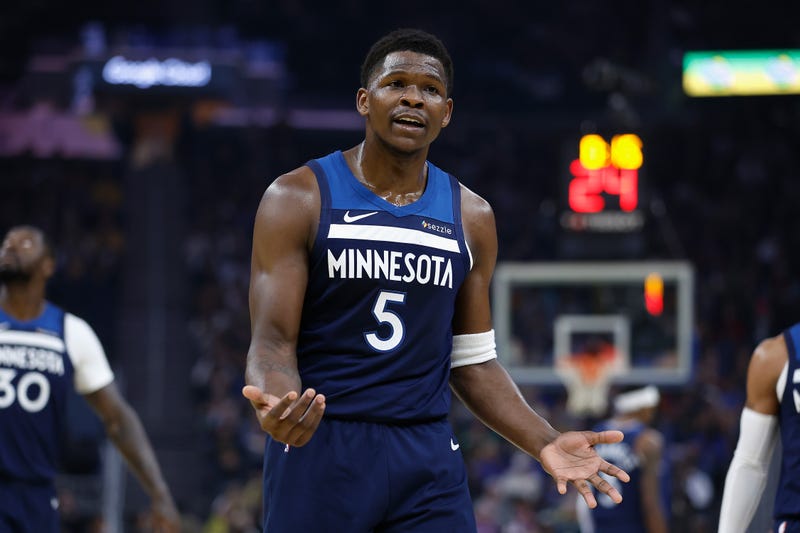 Anthony Edwards #5 of the Minnesota Timberwolves reacts after receiving a technical foul in the first quarter against the Golden State Warriors at Chase Center on December 08, 2024 in San Francisco, California.