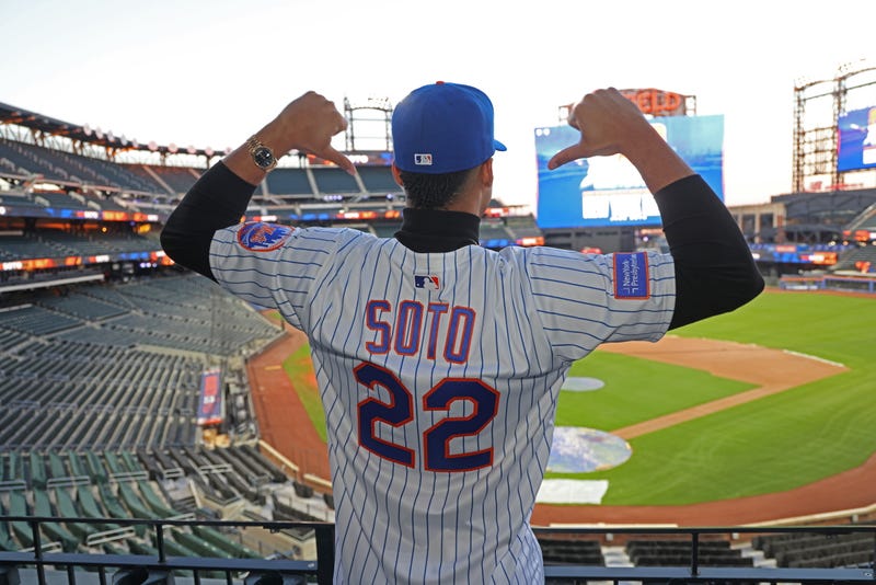 The New York Mets newest player Juan Soto (#22) poses at Citi Field in Flushing, New York, on Dec. 12, 2024