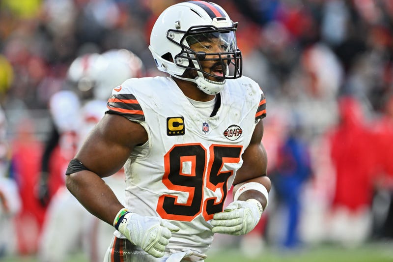 Myles Garrett #95 of the Cleveland Browns looks on during the fourth quarter against the Kansas City Chiefs at Huntington Bank Field on December 15, 2024 in Cleveland, Ohio.