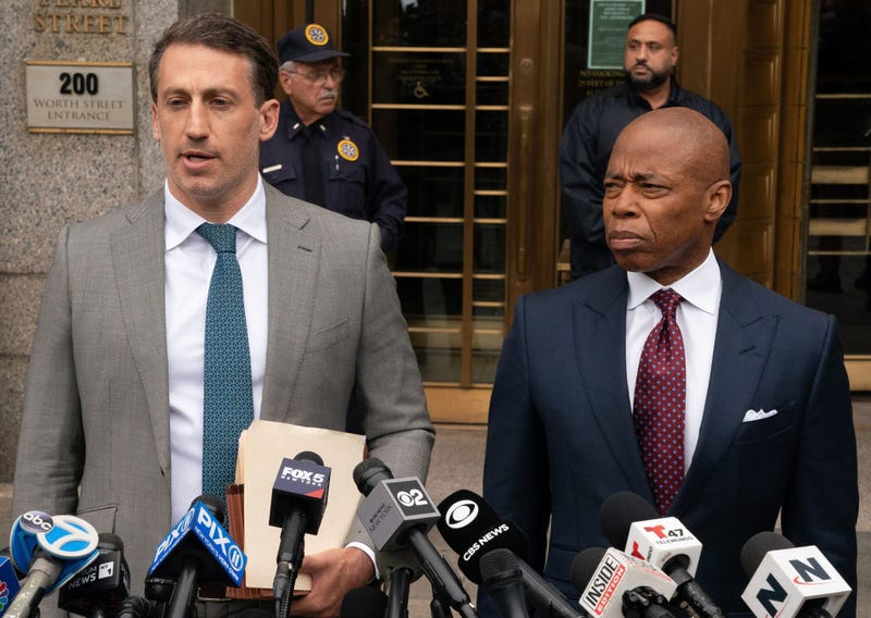 Mayor Eric Adams (R) outside Manhattan Federal Court with his lawyer, Alex Spiro (L), after pleading not guilty on multiple corruption charges on Friday, Sept. 27, 2024 in Manhattan..