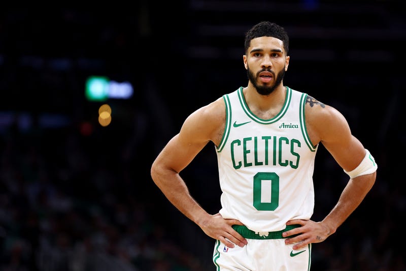 Jayson Tatum #0 of the Boston Celtics looks on during the first quarter of the game against the Chicago Bulls at TD Garden.