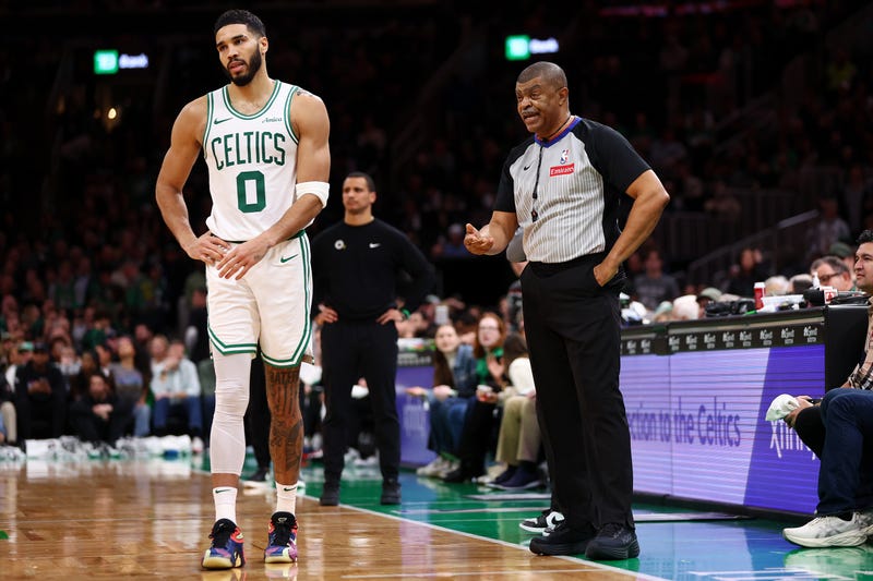 Jayson Tatum #0 of the Boston Celtics reacts after referee Tony Brothers #25 issued him a technical foul during the second half of the game against the Chicago Bulls at TD Garden on December 19, 2024 in Boston, Massachusetts.