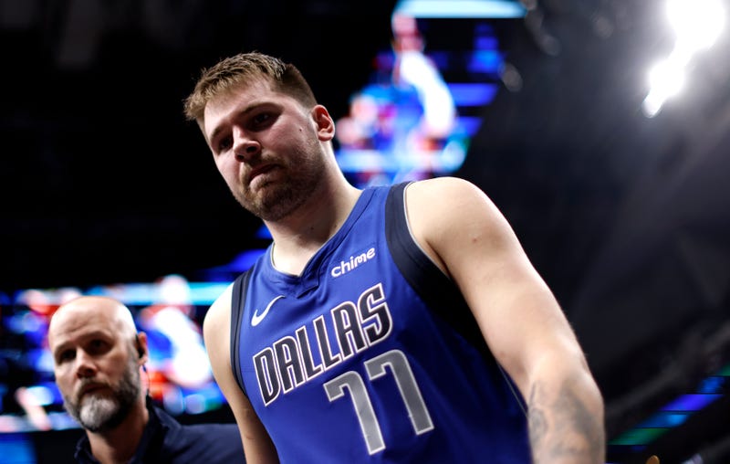 Luka Doncic #77 of the Dallas Mavericks leaves the court against the Minnesota Timberwolves in the first half at American Airlines Center on December 25, 2024, in Dallas, Texas.