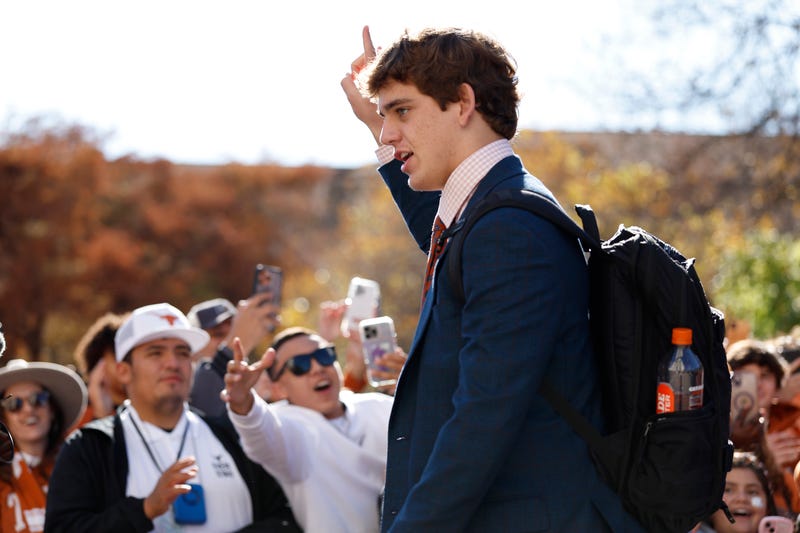 Arch Manning #16 of the Texas Longhorns arrives prior to the Playoff First Round Game against the Clemson Tigers at Darrell K Royal-Texas Memorial Stadium on December 21, 2024, in Austin, Texas.