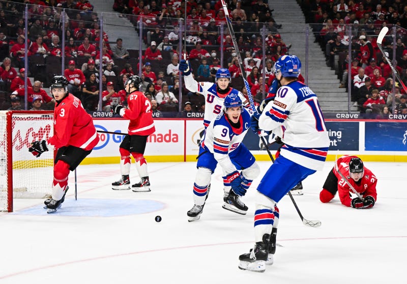 Team USA celebrates an empty net goal in the third period against Team Canada of the Group A match during the 2025 IIHF World Junior Championship at Canadian Tire Centre on December 31, 2024 in Ottawa, Ontario, Canada.