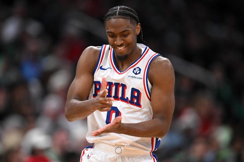 Tyrese Maxey #0 of the Philadelphia 76ers reacts after scoring against the Boston Celtics during the fourth quarter at the the TD Garden on December 25, 2024 in Boston, Massachusetts.