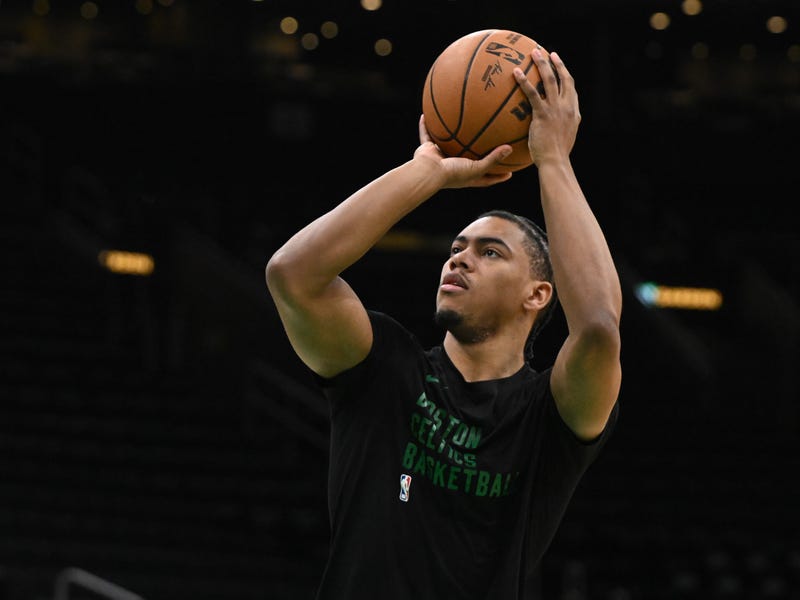 Jaden Springer #44 of the Boston Celtics warms up before a game against the Indiana Pacers at the TD Garden on December 29, 2024 in Boston, Massachusetts.