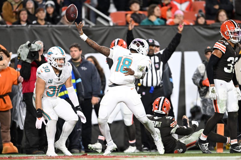 Tyler Huntley #18 of the Miami Dolphins celebrates a touchdown during the third quarter against the Cleveland Browns at Huntington Bank Field on December 29, 2024 in Cleveland, Ohio.