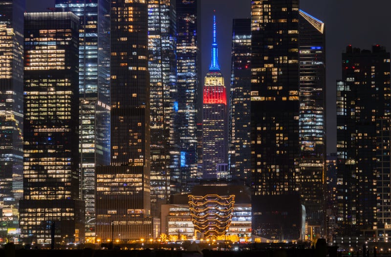 The Empire State Building is illuminated in red, white and blue in honor of Jimmy Carter on December 29, 2024