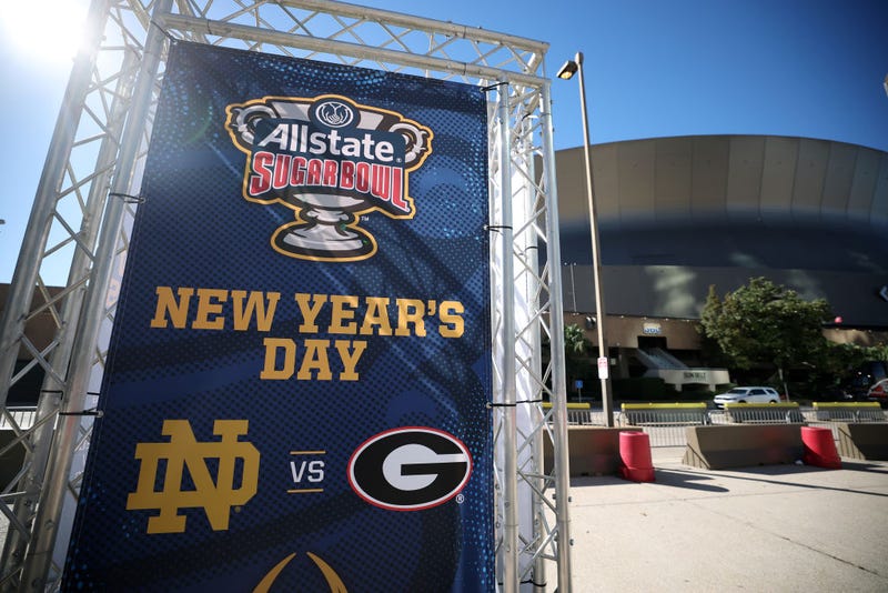 A sign for the Allstate Sugar Bowl between Georgia and Notre Dame is seen outside the Louisiana Superdome after at least ten people were killed on Bourbon Street when a person allegedly drove into a crowd in the early morning hours of New Year's Day on January 1, 2025 in New Orleans, Louisiana.