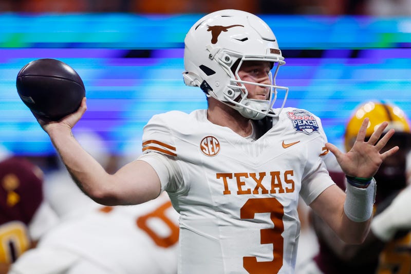 Quinn Ewers #3 of the Texas Longhorns throws the ball during the first quarter against the Arizona State Sun Devils in the Chick-fil-A Peach Bowl at Mercedes-Benz Stadium on Jan. 1, 2025, in Atlanta, Georgia.
