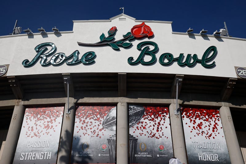 A general view of the outside of the stadium prior to the College Football Playoff Quarterfinal between the Ohio State Buckeyes and the Oregon Ducks at the Rose Bowl Presented by Prudential at Rose Bowl Stadium on January 01, 2025 in Pasadena, California. 