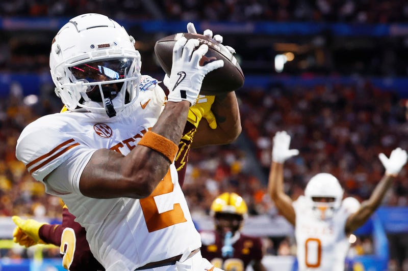 Matthew Golden #2 of the Texas Longhorns catches a pass for a 2-point conversion during the second overtime against the Arizona State Sun Devils in the Chick-fil-A Peach Bowl at Mercedes-Benz Stadium on Jan.1, 2025, in Atlanta, Georgia.
