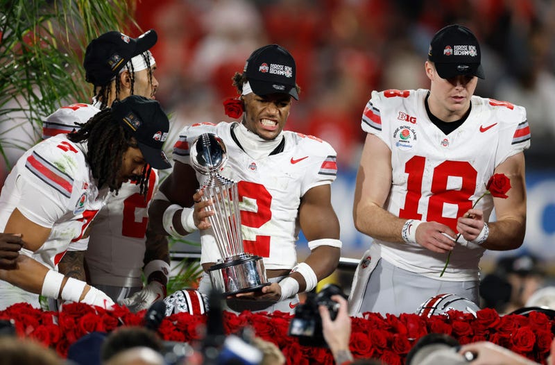Emeka Egbuka #2 of the Ohio State Buckeyes holds the Leishman Trophy after defeating the Oregon Ducks 41-21 during the Rose Bowl Game Presented by Prudential at Rose Bowl Stadium on January 01, 2025 in Pasadena, California. 