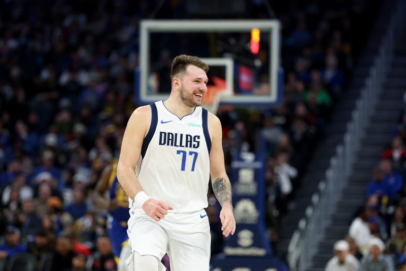 Luka Doncic #77 of the Dallas Mavericks reacts during their game against the Golden State Warriors at Chase Center on December 15, 2024, in San Francisco, California.